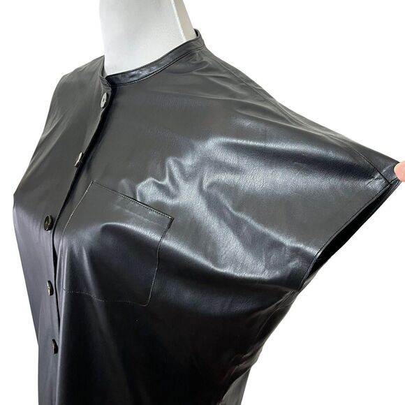 Theory Shift Dress Women’s Size Petite Black Faux Leather Button Front Missing B - Picture 8 of 12